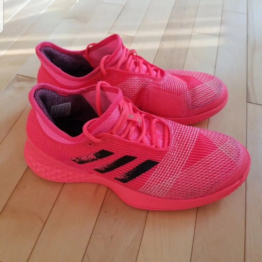 adidas Hot Pink Knit Athletic Sneakers with Black Stripes